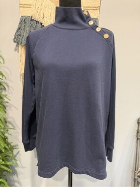 J.Crew Navy Mock Neck Sweatshirt Button Shoulder Pullover Top Medium